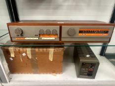 A QUAD 3 FM TUNER AND PRE-AMP CONTROL UNIT IN WOODEN CASE TOGETHER WITH A QUAD 303 AMPLIFIER