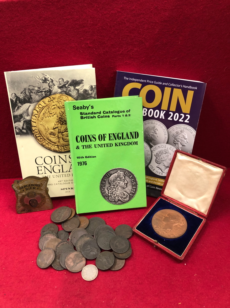 A QUEEN VICTORIA 1897 MEDALLION, TOGETHER WITH A QUANTITY OF COPPER TOKENS ETC AND THREE COIN BOOKS