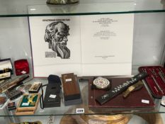 A BOOK OF WAR AND PEACE TOLSTOY INSPIRED WOOD ENGRAVINGS, GEOMETRY INSTRUMENTS, CUFFLINKS, COINS,