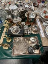 SILVERPLATED TOAST RACK, DISH AND COVER, TEA AND COFFEE POT AND OTHER ITEMS TOGETHER WITH BRASS