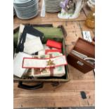 A LEATHER ATTACHE CASE OF POSTCARDS, MID 20th C. PHOTOGRAPHS AND TWO WWII MEDALS