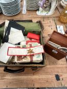 A LEATHER ATTACHE CASE OF POSTCARDS, MID 20th C. PHOTOGRAPHS AND TWO WWII MEDALS