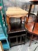 A VICTORIAN CARVED WALNUT STOOL, TOGETHER WITH A WROUGHT IRON CANDLE STAND (2)