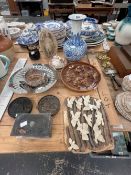 AN INDIAN WHITE METAL BOWL, SWATOW AND OTHER ELECTROPLATE, A CHINESE BLUE AND WHITE VASE, STUDIO