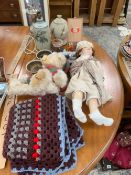 A HAMLEYS TEDDY BEAR, A BISQUE HEADED DOLL, A TABLE LAMP, A CROCHET BLANKET, TWO STUDIO POTTERY