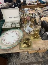 A ROYAL DOULTON PART TEA SET PATTERN TAPESTRY, TWO BRASS HORSES ON PLINTHS, A PAIR OF CHERUBS WITH