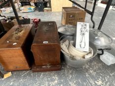 TWO SEWING MACHINES TOGETHER WITH ALUMINIUM COOKING VESSELS