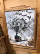 20TH CENTURY SCHOOL OIL ON BOARD OF A LOCOMOTIVE