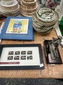 A FRAME OF DADS ARMY STAMPS, TWO TILES, A TUREEN AND COVER AND A PEWTER FIGURE OF SIR DONALD