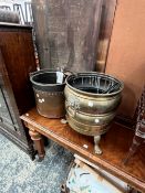 AN ANTIQUE BRASS COAL BIN, TOGETHER WITH A COPPER BUCKET AND OTHER FIRE SIDE IMPLEMENTS AND A