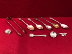 SILVER AND WHITE METAL SPOONS, SUGAR TONGS ETC. GROSS SILVER WEIGHT 100grms.