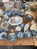BLUE AND WHITE CERAMICS, A MUSICAL MOON FLASK, PORTUGUESE BLUE AND GREEN POTTERY, ETC