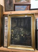 THREE ANTIQUE AND VINTAGE MAPS BY OGILBY AND OTHERS TOGETHER WITH AN OIL ON CANVAS OF A WOODEN SCENE