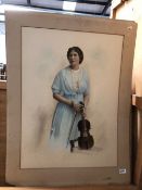 A LARGE MOUNTED BUT UNFRAMED HAND TINTED PHOTOGRAPHIC REPRODUCTION OF A LADY HOLDING A VIOLIN BY