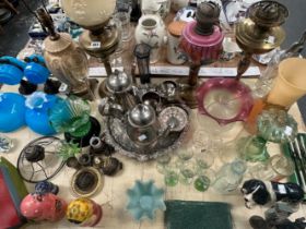 OIL LAMPS, ELECTROPLATE, A NOAHS ARK, TWO BABUSHKA DOLLS, DRINKING GLASS, ETC.