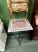 A INLAID MARBLE GAMES TABLE TOP IRON BASE TABLE