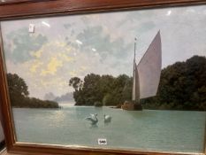 A FRAMED DECORATIVE PICTURE OF A RIVER SCENE