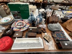 A PAIR OF CHINESE BLUE AND WHITE MOON FLASKS, CHINESE CAT FIGURES, AN IMARI DISH, WOODEN AND OTHER