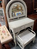A PAINTED WICKER VANITY TABLE WITH MIRROR AND MATCHING STOOL (2)