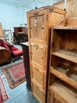 A VINTAGE FOUR DOOR LOCKER CABINET, TOGETHER WITH A SMALL OAK BOOKCASE AND A CHROME BAR STOOL (3)