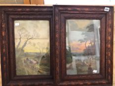 TWO PRINTS OF RURAL SCENES IN CARVED WOODEN FRAMES (2)