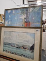 ALAN COLLINS TANKER WHARF PORT HOWARD WATERCOLOUR ALONG WITH A FRAMED MONET PRINT (2)