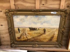 19TH CENTURY OIL ON BOARD OF A HARVEST SCENE.