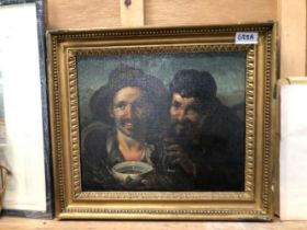 GERMAN SCHOOL 19TH CENTURY. TWO FIGURES WITH BOWL OF BROTH- OIL ON CANVAS, UNSIGNED 32 X 26 cm.