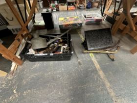 AN IRON LECTERN, BRASS HAMES, A WATERING CAN AND VARIOUS TOOLS