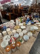 A LARGE COLLECTION MOSTLY KITCHENWARE TO INCLUDE PORTMEIRON CANISTERS AND DISHES, PALISSY PLATES,