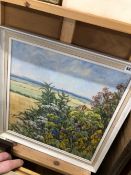 OIL ON BOARD OF A HEDGEROW WITH FIELDS BEYOND.