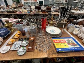 DRINKING GLASS, COFFEE CANS, A 1950S WIRE WORK PLANTER STAND, A POOLE DISH, A BAYKO BUILDING SET,