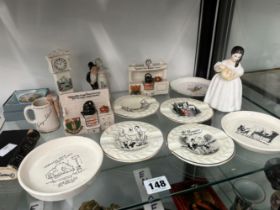 ASHTRAYS PRINTED WITH SAUCY SEASIDE SCENES, ARCADIAN AND OTHER ARMORIAL WARES, A DOULTON FIGURINE,