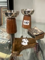 A PAIR OF SILVER AND WOOD CANDLE HOLDERS, A SILVER MOUNTED PRAYER BOOK TOGETHER WITH A PIANO FORM