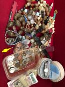 AN ELLESSE WATCH, VARIOUS COSTUME BEADS, COSTUME WRIST WATCHES, COINS, BANKNOTES ETC.