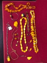 A COLLECTION OF AMBER, RESIN AND OTHER JEWELLERY TO INCLUDE A ROSE CARVED PENDENT ON A CONTINENTAL