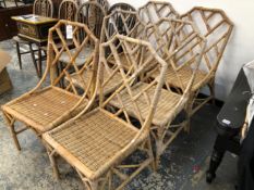 A SET OF 6 VINTAGE WICKER BAMBOO CHAIRS.