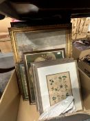 A COLLECTION OF DECORATIVE PRINTS, PICTURE A NEEDLEPOINT ETC