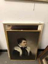 A FRAMED PRINT OF A CHILD AT PRAYER TOGETHER WITH A DISTRESSED OIL ON CANVAS OF A VICTORIAN LADY.