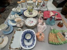 NINE PIN CUSHION LADIES, SPODE AND OTHER TEA WARES, A DOULTON LADY, ETC.
