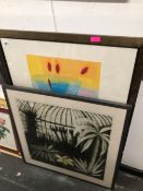 A LARGE FRAMED RUSSELL BAKER PRINT TOGETHER WITH A LARGE ETCHING BY A DIFFERENT HAND