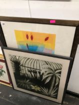 A LARGE FRAMED RUSSELL BAKER PRINT TOGETHER WITH A LARGE ETCHING BY A DIFFERENT HAND