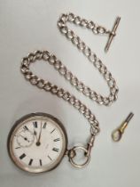 A HALLMARKED SILVER 4298 OPEN FACE POCKET WATCH, COMPLETE WITH A HALLMARKED SILVER WATCH ALBERT