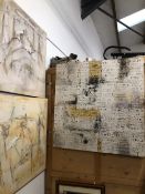 A LARGE DECORATIVE WALL PANEL PANEL TOGETHER WITH TWO LARGE ABSTRACT WORKS.