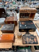 A JAPANESE PARQUETRY JEWELLERY CABINET FOUR VARIOUS BOXES, A STRAW WORK TEA CADDY AND A FRENCH