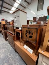 A VINTAGE OAK CABINET WITH DROP FRONT, TOGETHER WITH A SMALL PAINTED CHEST, TABLE ETC