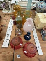 ART GLASS VASES TOGETHER WITH A PAIR OF CRANBERRY GLASS SHADES