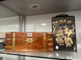 A BRASS BOUND ROSEWOOD WRITING SLOPE TOGETHER WITH A JAPANAISERIE TOLE TEA CANNISTER