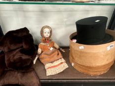 A BOXED OPERA TOP HAT, A DOLL AND A FUR SLEEVELESS JACKET