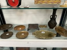 A COLLECTION OF METAL DISHES, A DEATH PENNY FOR JAMES MASSON AND AN ORIENTAL BRONZE VASE